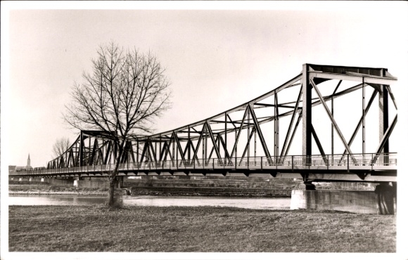 Postcard Plattling in Lower Bavaria, bridge, metal construction, tree in the foreground, black and white photo
