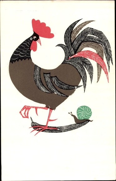 Postcard Rooster and Snail, pen