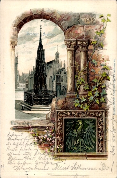 Embossed coat of arms passepartout litho Nuremberg in Middle Franconia, Schöner Brunnen