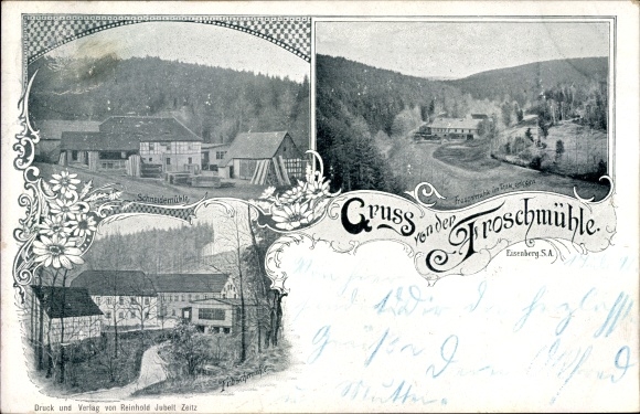 Postcard Froschmühle Eisenberg, view ad place, cutting mill