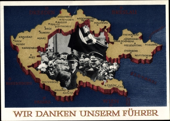 Postal stationery maps PC We thank our leader, Sudetenland, Bohemia, Moravia, Sudeten, Hitler