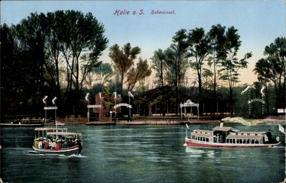 Postcard Halle an der Saale, Rabeninsel, salon steamer