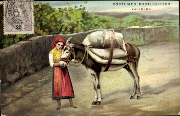 Chromo-Litho girl with donkey, transport, sacks, Portuguese costume