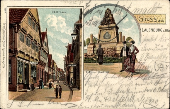 Chromo-Litho Lauenburg an der Elbe, Elbstrasse, Lützow Monument