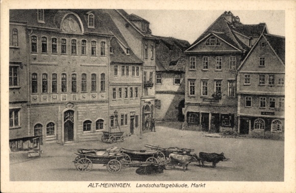 KP Meiningen w Turyngii, stare miasto, budynki krajobrazowe, rynek, powozy