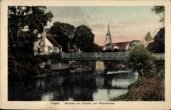 Ak Telgte in Westfalen, brug bij de Emstor, parochiekerk, water, landschap, gebouw