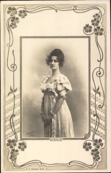 Passepartout Postcard Henriot, woman portrait, flowers