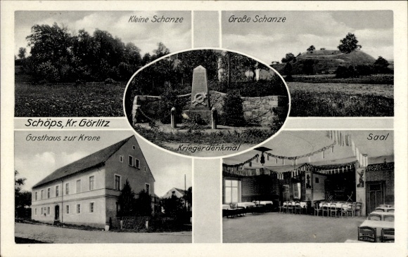 Ak Schoeps Schöps Reichenbach in der Oberlausitz, Gasthof zur Krone, Kriegderdenkmal, Schanze