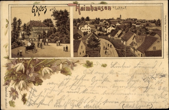 Litho Haimhausen Oberbayern, Straßenpartie am Schloss, Wohnhäuser