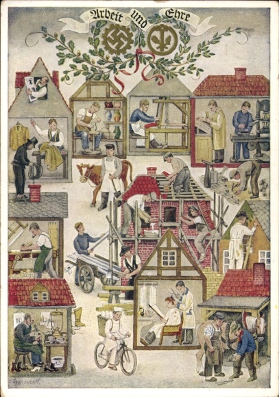 Künstler Ak Reichshandwerkertag 1936, Arbeit und Ehre, Friseur, Bäcker, Töpfer, Schornsteinfeger
