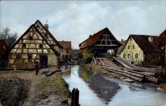 Postcard sawmill, river, wooden beams, photochrome Nenke and Ostermaier No. 1887