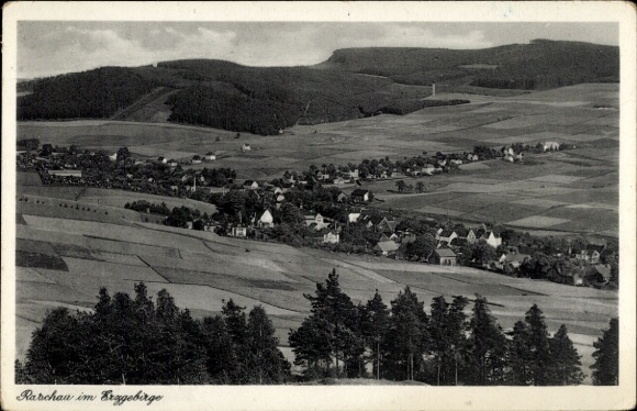 Postcard Raschau in the Ore Mountains, panoramic view of Raschau, rural surroundings, mountains in the background