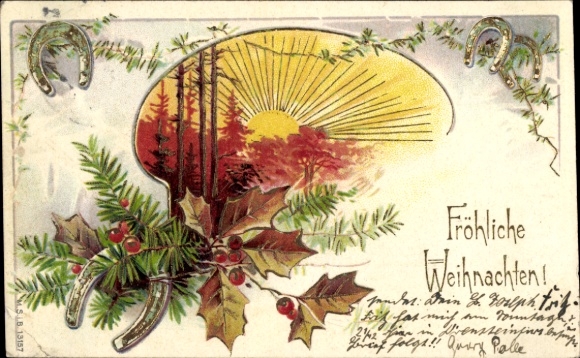 Embossing litho Gefeliciteerd Kerstmis, hulst, hoefijzer, dennentakken