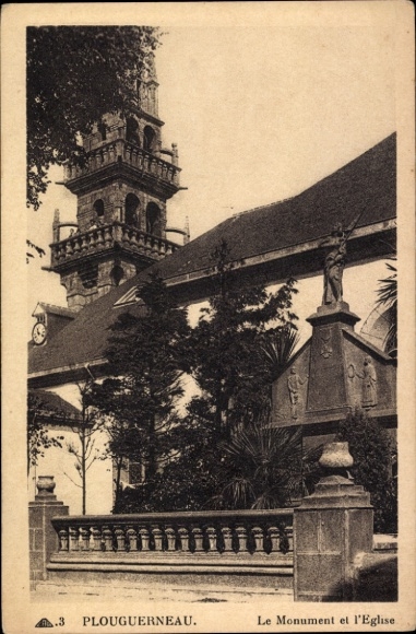 KP Plouguerneau Finistère, pomnik i kościół, architektura, ogród, posąg