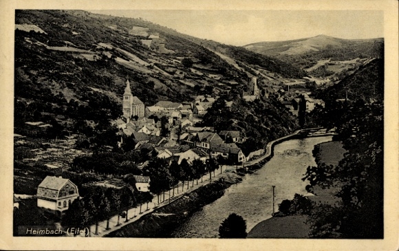 Postcard Heimbach in the Eifel, beautiful landscape, river, buildings, mountains in the background
