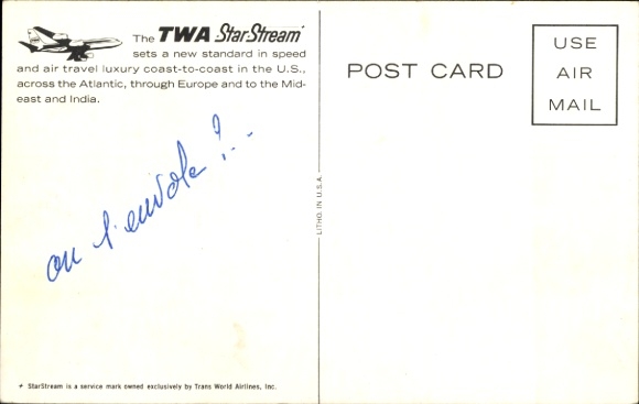 Postcard American passenger aircraft, Trans World Airlines, TWA Star Stream