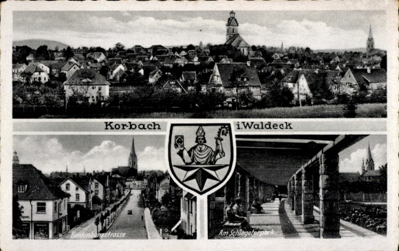 Postcard Korbach in Hesse, city view, Bardenburgstrasse, Am Schlageterpark, coat of arms