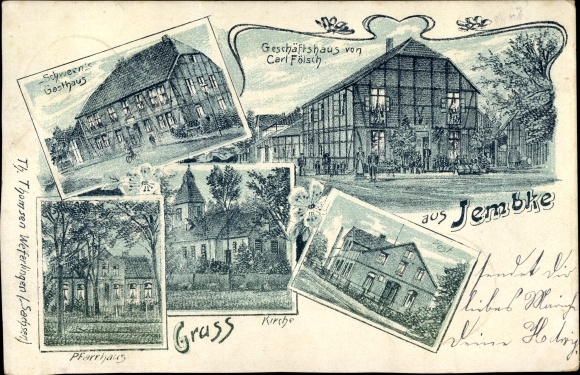 Postcard Jembke in Lower Saxony, commercial building C. Fölsch, Schween&#39;s inn, church, vicarage