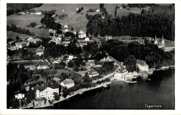Postcard Tegernsee in Upper Bavaria, aerial view of lakes, buildings, forest