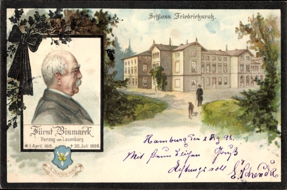 Artist Chromo-Litho Aumühle in Schleswig Holstein, Friedrichsruh Castle, Prince Bismarck, funeral card