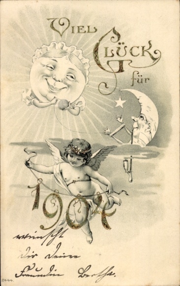 Embossed Chromo-Litho Congratulations New Year 1904, angel, sun, moon