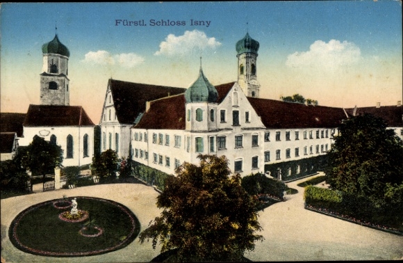 Ak Isny im Allgäu, Fürstliches Schloss, zwei Türme, Garten mit Brunnen,  Architektur