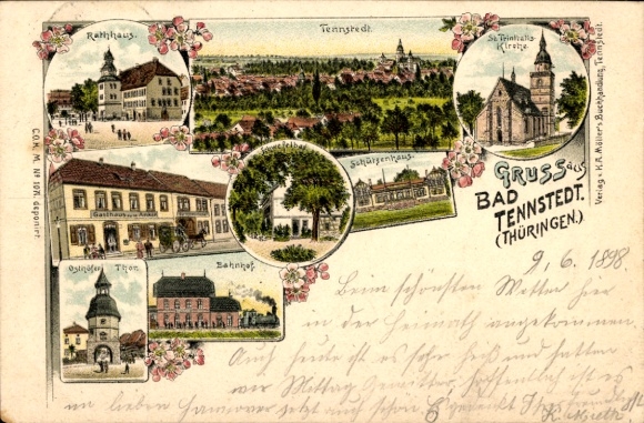 Chromo-Litho Bad Tennstedt in Thuringia, St. Trinitatis Church, Schützenhaus, Train Station, Osthofer Tor, Guest House