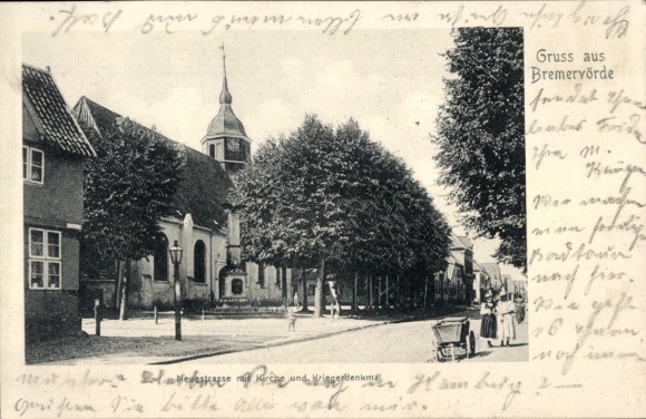 Postcard Bremervörde Lower Saxony, New Street, Church, War Memorial