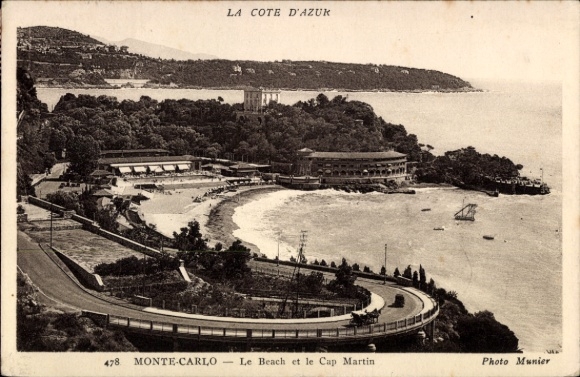 Ak Monte Carlo Monaco, Beach et le Cap Martin