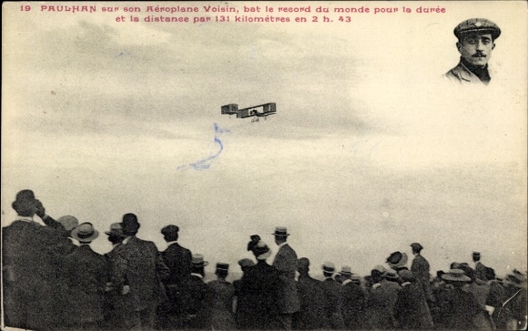 Postcard Paulhan breaks the world record with his Aéroplane Voisin, pilot, aviation pioneer