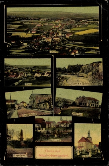 Ak Mittelherwigsdorf Oberlausitz, steengroeve, centrale school, Schiller-linde, kerk, Mandau-brug