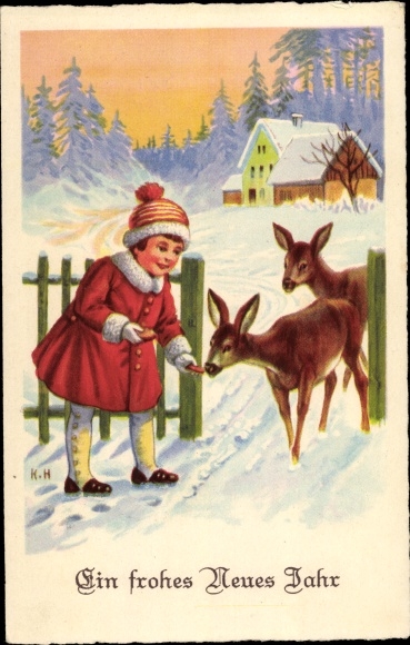Künstler Ak Glückwunsch Neujahr, Kind füttert Rehe