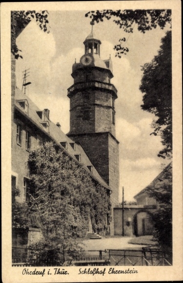 Postcard Ehrenstein (near Ulm) Blaustein in Württemberg, castle courtyard clock tower, trees, architecture
