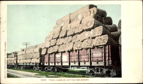 Postcard USA, freight train with cotton for export