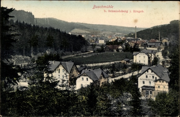 Postcard Buschmühle Schmiedeberg Dippoldiswalde in the Eastern Ore Mountains, view of the town, inn