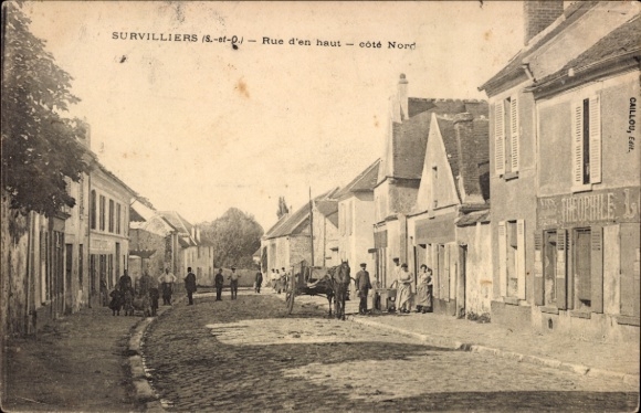 Ak Survilliers Val d'Oise, Straße, Häuser, Menschen, Pferd, ländliche Szenerie