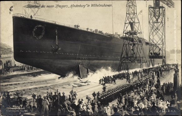 Artist PC Schwormstädt, Wilhelmshaven, launching of the cruiser SMS Hindenburg, Imperial Navy
