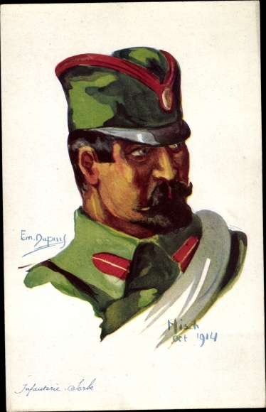 Artist Postcard Dupuis, E., portrait of a Serbian soldier, Nisch 1914
