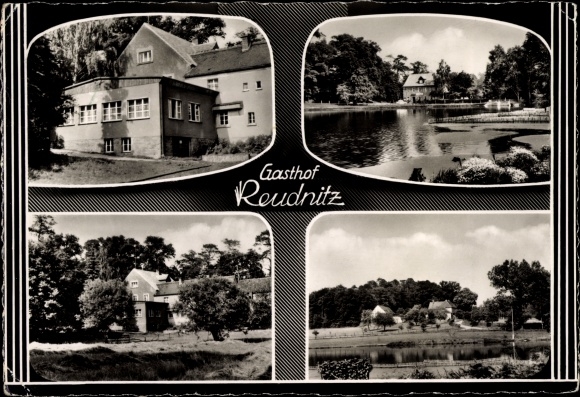 Ansichtkaart Reudnitz Cavertitz in Saksen, Dahlener Heide, Gasthof Reudnitz, buitenaanzicht