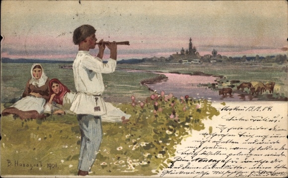 Artist Postcard Flute player with two women in costume on the riverbank