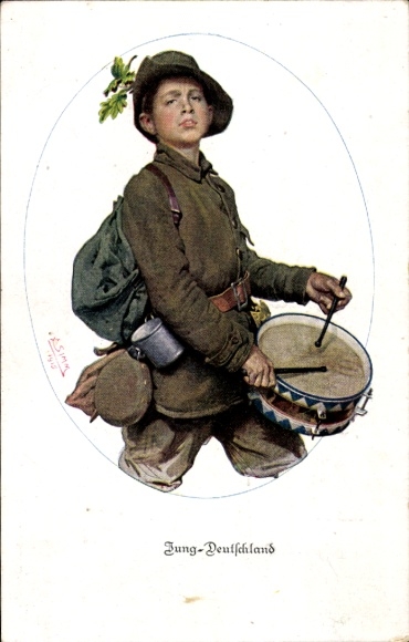 Artist Postcard Jung Deutschland, youth brigade, drummers, Bavarian State Committee for Voluntary Nursing