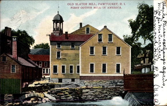 Ak Pawtucket Rhode Island USA, Old Slater Mill, de eerste katoenfabriek in Amerika, gebouw in Fa...