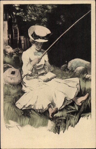 Künstler Ak Reznicek, Ferdinand von, Frau beim Angeln, Buch, Simplicissimus II 4