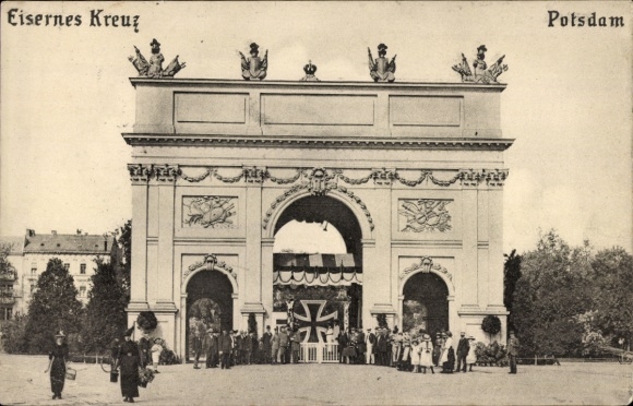 Postcard Potsdam, Brandenburg Gate, Iron Cross, For the Benefit of War Welfare