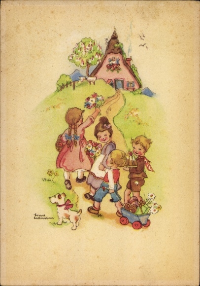 Artist PC Lauterborn, L., On the way to the birthday child, dog, toys, flowers