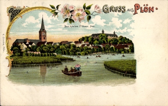 Litho Plön in Schleswig Holstein, Der kleine Plöner See, Ruderboot, Kirche