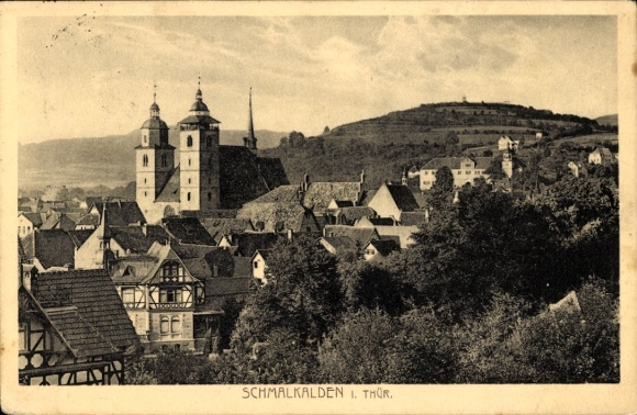 Postcard Schmalkalden in the Thuringian Forest, city view, church, architecture, mountain in the background