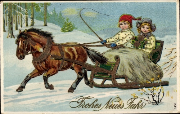 Embossed PC Happy New Year, children in a sleigh team