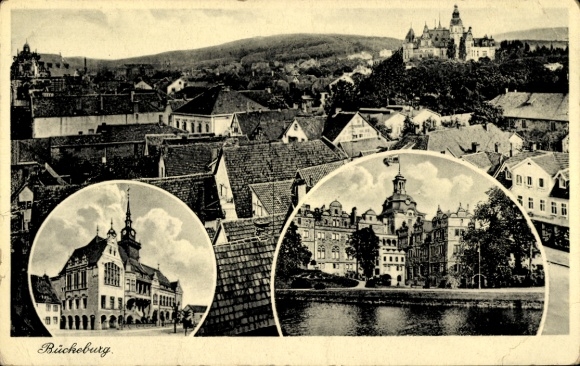 Postcard Bückeburg in the district of Schaumburg, city view, town hall, castle, nature, historical architecture