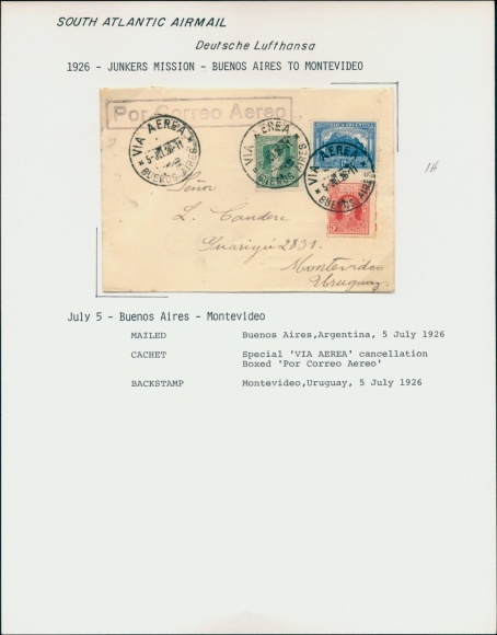 Letter Airmail Deutsche Lufthansa, South Atlantic, 1926 Junkers Mission Buenos Aires - Montevideo
